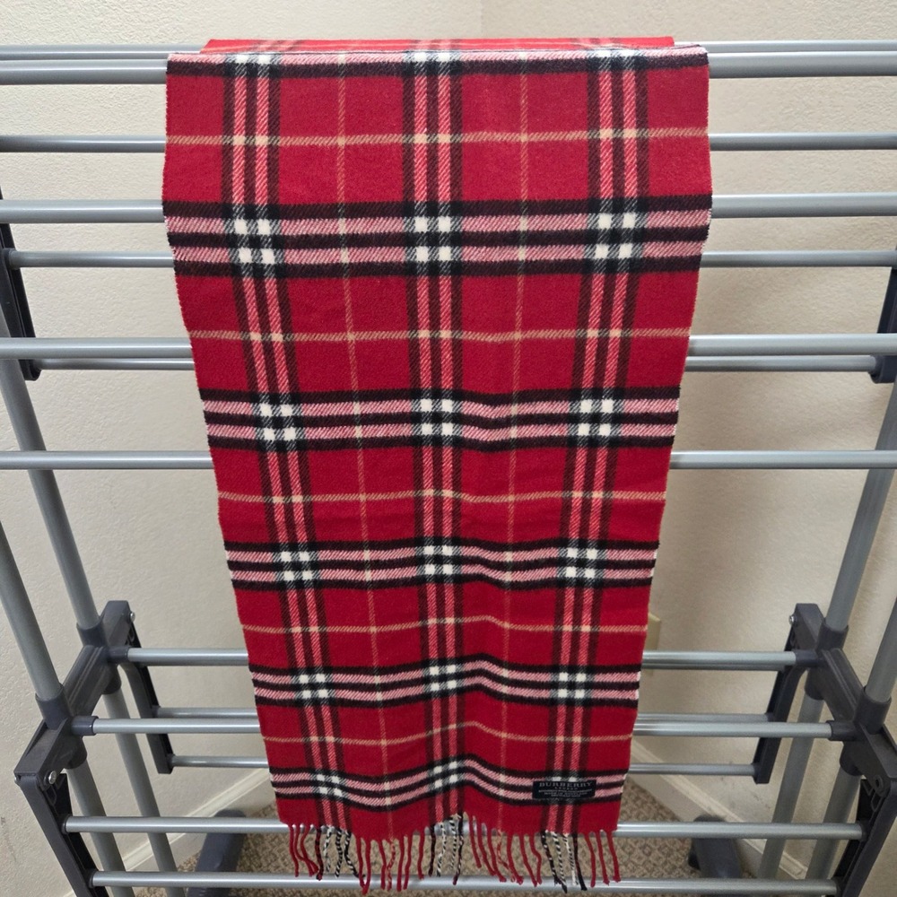Burberry London Red Nova Check Scarf Merino Wool Cashmere Made in Scotland
